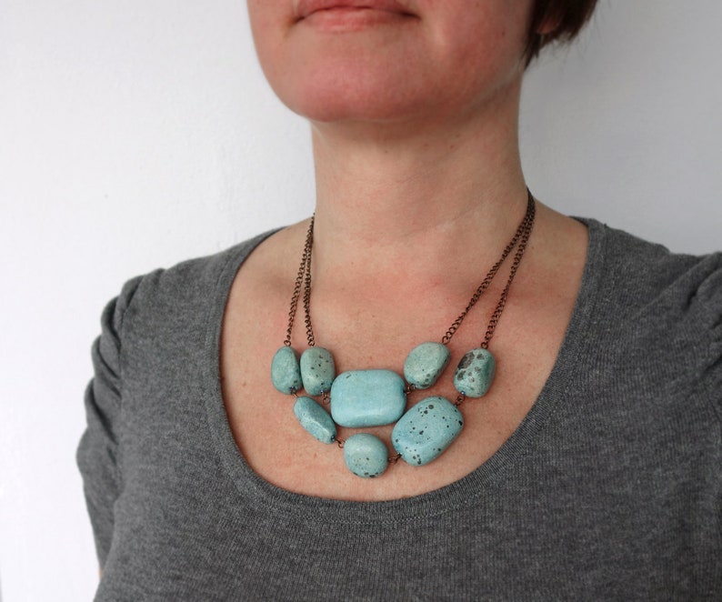 Chunky Beads Necklace Turquoise Clay Beads Layered Copper Chains Statement Necklace Multi Stranded Chunky Bib Necklace for Women image 5