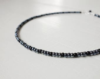 Beaded Necklace Gunmetal Gray Black Beads Rocker Necklace Unisex Short Necklace for Men for Women