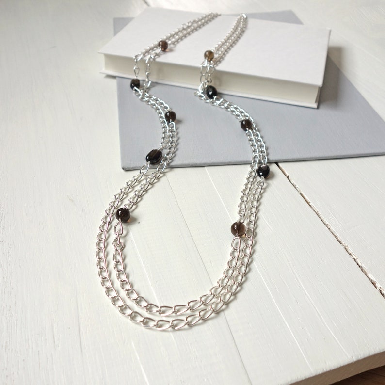 Long Double Chain Necklace Large Smoky Quartz Stones Necklace Chunky Chain Layered Long Necklace for Women image 7