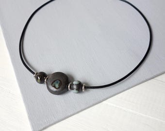 Black Leather Cord Necklace Three Grey Ceramic Beads Minimalist Rocker Style Jewelry