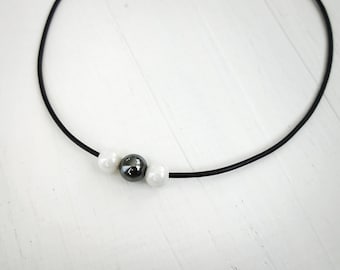 Minimalist Leather Necklace Grey Hematite Stone White Glass Beads Black Leather Cord Choker for Women for Men