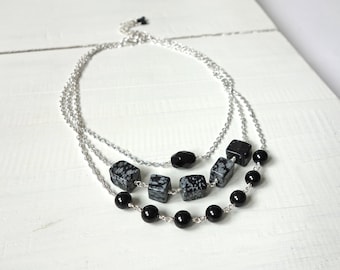 Stacking Chain Necklace Set Onyx Snowflake Obsidian Stones Glass Bead Set Of Three Layering Necklaces for Women