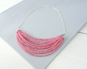 Multi Strand Bib Necklace Red Seed Beads Layered Statement Necklace Handmade Red Beaded Layered Necklace for Women