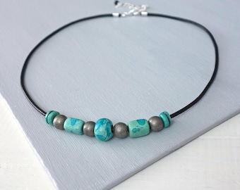 Black Leather Necklace Turquoise Ceramic Antiqued Metal Beads Rocker Chic Jewelry