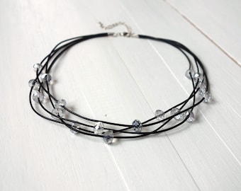 Statement Leather Choker Necklace Light Grey Sparkly Glass Beads Multi Stranded Leather Necklace Layered Black Cords Choker for Women