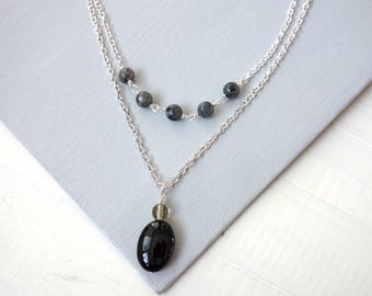 Stones Necklaces Set Black Onyx Pendant Gray Labradorite Minimalist Layering Jewelry