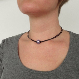 Leather Choker Necklace Purple Ceramic Bead Black Cord Choker Single Bead Minimalist Leather Necklace for Women image 4