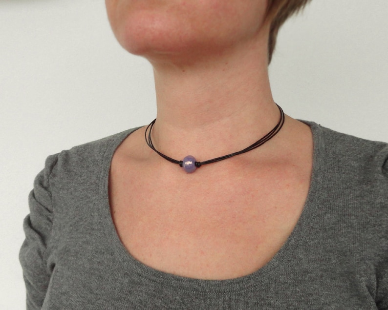 Leather Choker Necklace Purple Ceramic Bead Black Cord Choker Single Bead Minimalist Leather Necklace for Women image 4