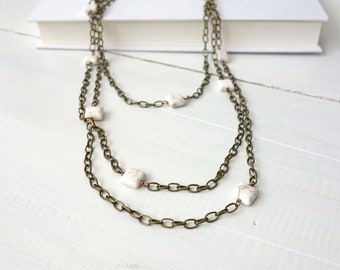 Long Chain Wrap Necklace White Howlite Stone Squares Vintage Style Chain Necklace Bronze Color Long Sweep Necklace for Women