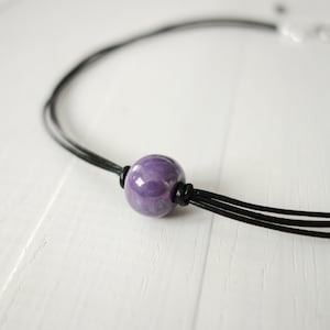 Leather Choker Necklace Purple Ceramic Bead Black Cord Choker Single Bead Minimalist Leather Necklace for Women image 1