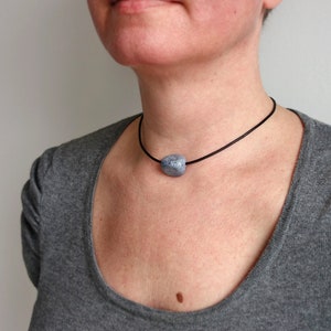 Leather Choker Necklace Blue Clay Bead Black Leather Choker Single Bead Necklace for Women image 2