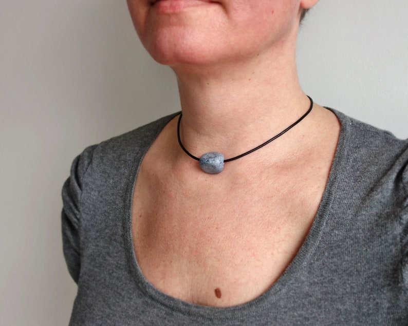 Leather Choker Necklace Blue Clay Bead Black Leather Choker Single Bead Necklace for Women image 2