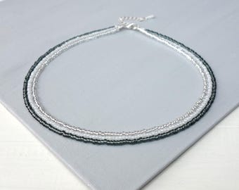 Layered Choker Necklace Silver White Gray Seed Beads Elegant Boho Style