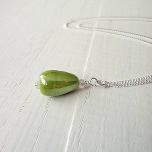 Delicate Silver Chain Necklace Green Drop Pendant Minimalist Silver Necklace Apple Green Glass Bead Sterling Silver Necklace for Women image 1