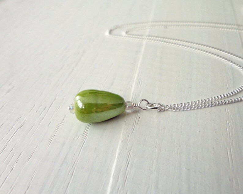 Delicate Silver Chain Necklace Green Drop Pendant Minimalist Silver Necklace Apple Green Glass Bead Sterling Silver Necklace for Women image 1