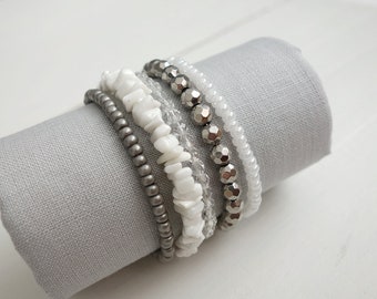 Beaded Statement Cuff Bracelet White Grey Stones Glass Beads Layered Memory Wire Bracelet for Women