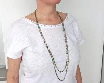 Long Wrap Necklace Green Beads Vintage Style Chain Boho Jewelry for Women