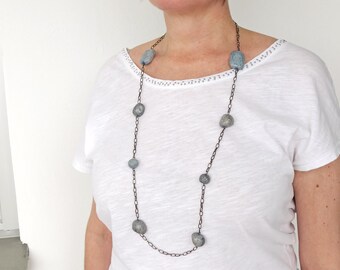 Long Chunky Necklace Dark Metal Chain Blue Clay Beads Rocker Chic Jewelry for Woman