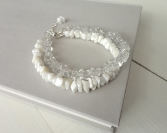 Layered Beaded Bracelet White Agate Clear Quartz Stones Minimalist Bracelet Double Stranded Stone Bracelet for Women