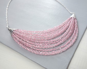 Baby Pink Bib Necklace Multi Stranded Seed Beads Statement Necklace Layered Pink Beads Necklace for Women
