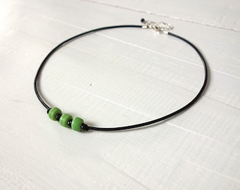 Unisex Leather Necklace Green Pony Beads Black Cord Choker Necklace Green Beads Unisex Leather Necklace for Men for Women