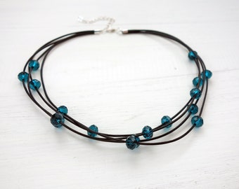 Statement Choker Necklace Layered Leather Cords Teal Glass Beads Rockerchic Leather Necklace Multi Stranded Leather Choker for Women
