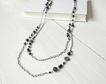Long Wrap Chain Necklace Black Onyx Agate Snowflake Obsidian Gray Hematite Stones Glass Beads Long Necklace For Women