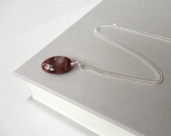 Silver Chain Necklace Brown Agate Stone Pendant Delicate Sterling Silver Necklace for Women