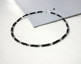 Unisex Beaded Necklace Black Grey Clear Glass Beads Minimalist Choker Necklace for Men for Women