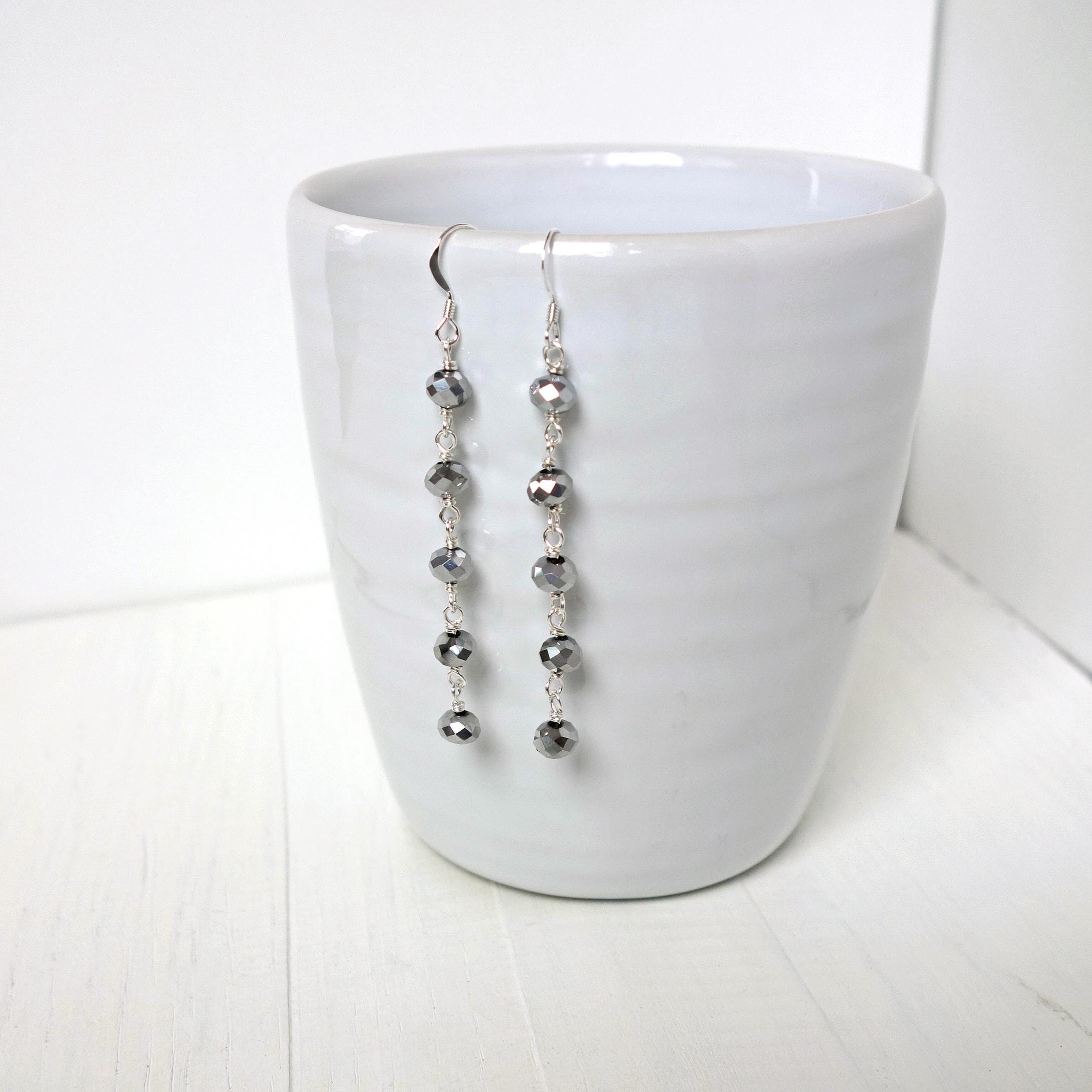 Sparkly Dangle Earrings Five Silvery Glass Beads Long Earrings Minimalist Style Drop Earrings for Women