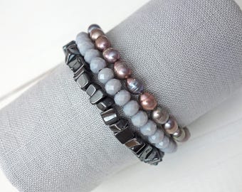 Peacock Pearl Cuff Bracelet Gray Hematite Stones Glass Beads Layered Memory Wire Jewelry Woman