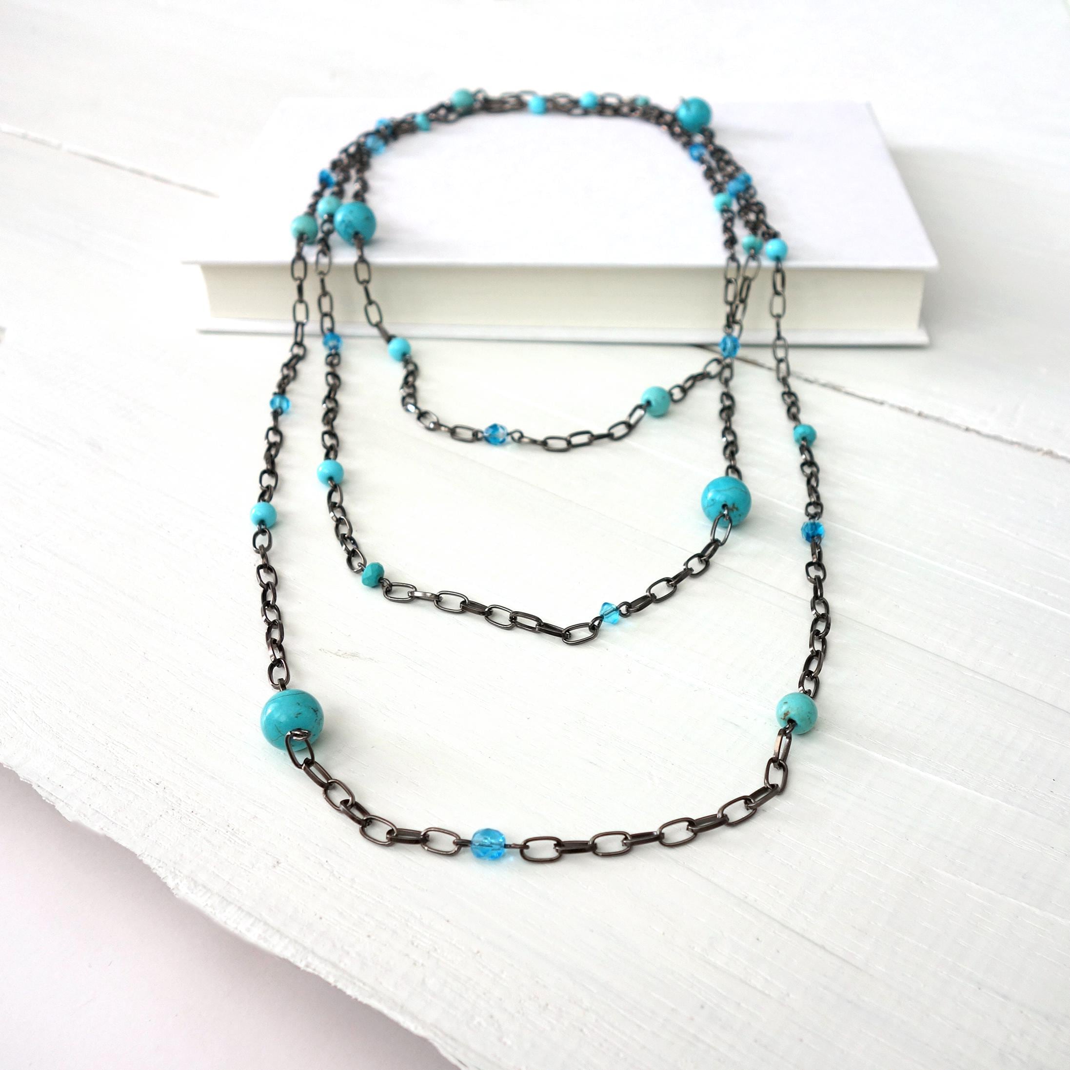 Long Wrap Necklace Blackened Metal Chain Turquoise Stones Glass