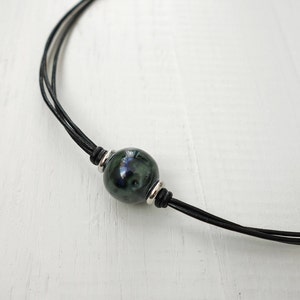 Black Leather Choker Necklace Marbled Ceramic Bead Green Blue Leather Necklace for Women image 3