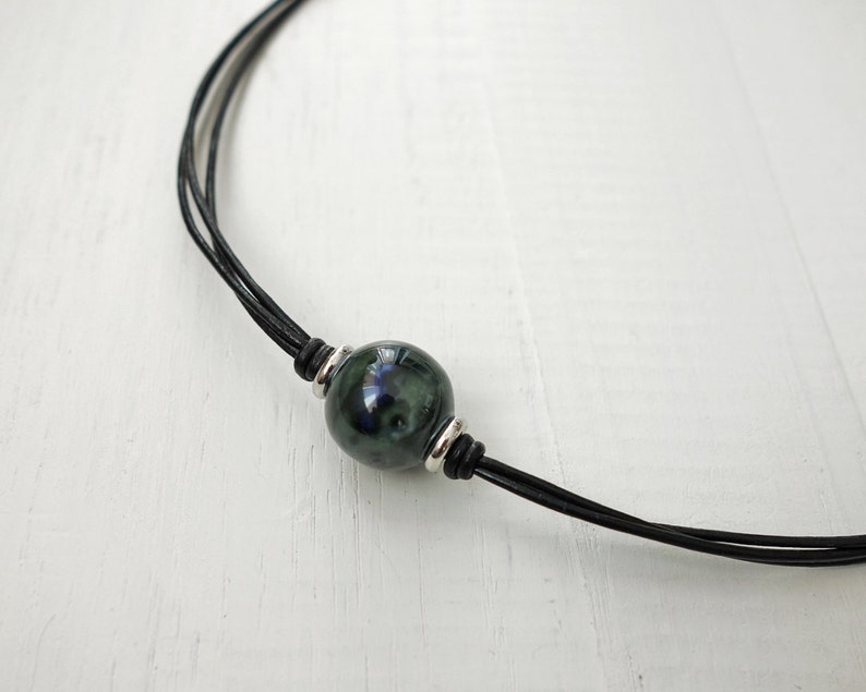 Black Leather Choker Necklace Marbled Ceramic Bead Green Blue Leather Necklace for Women image 3