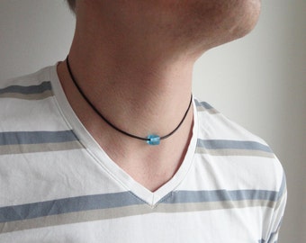 Black Leather Necklace Turquoise Glass Bead Leather Choker Necklace Black Cord Single Bead Necklace for Men for Women