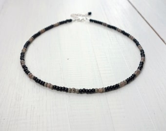 Unisex Beaded Necklace Black Gray Beads Stones Choker Beaded Rocker Style Necklace for Men for Women