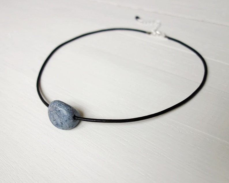 Leather Choker Necklace Blue Clay Bead Black Leather Choker Single Bead Necklace for Women image 1