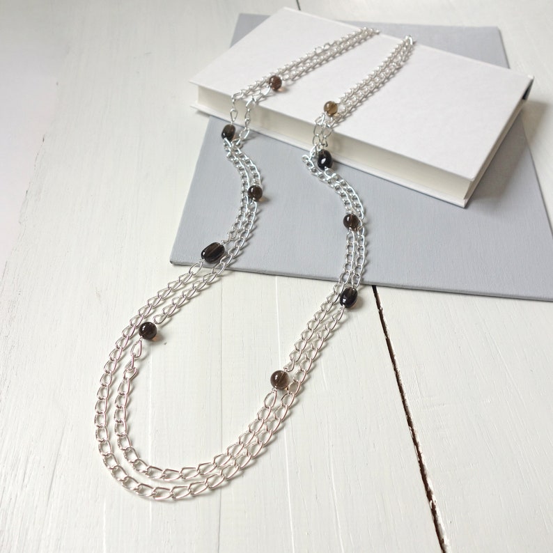 Long Double Chain Necklace Large Smoky Quartz Stones Necklace Chunky Chain Layered Long Necklace for Women image 4