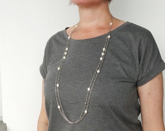 Long Chain Necklace White Freshwater Pearls Chunky Layered Necklace for Women