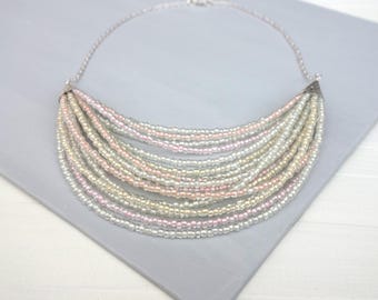 Layered Bib Necklace Pastel Color Pink White Seed Beads Multi Strand Statement Jewelry