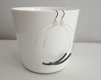 Large Hoop Earrings Small Grey Beads Hoops Earrings Minimalist Large Dangle Earrings for Women