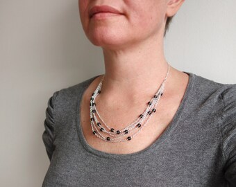 Layered Chain Bib Necklace Black Diamond Glass Beads Chain Statement Necklace Multi Stranded Chain Necklace for Women