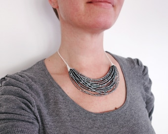 Bib Necklace Layered Gray Seed Beads Statement Necklace Multi Stranded Small Glass Beads Layer Bib Necklace for Women