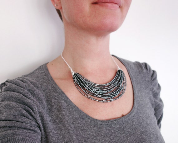 Bib Necklace Layered Gray Seed Beads Statement Necklace Elegant Style Multi Strand Necklace for Women Etsy
