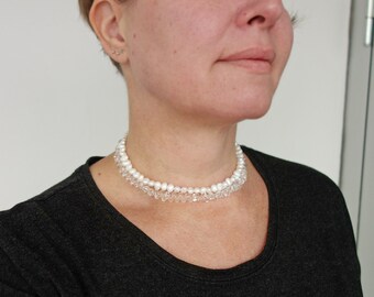 White Freshwater Pearl Choker Double Strand Clear Glass Drop Beads Layered Necklace for Women