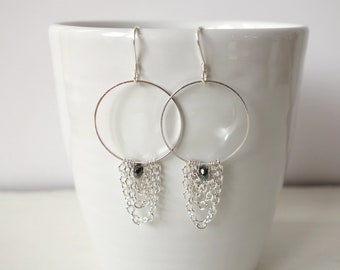 Dangle Chandelier Earrings Draped Chains Dark Grey Glass Beads Hoops Jewelry for Women