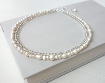 Layered Choker Necklace White Freshwater Pearls Round Glass Beads Minimalist Beaded Jewelry for Women