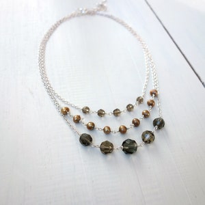 3 in 1 Stacking Chain Necklace Set Golden Freshwater Pearls Sparkly Smoky Grey Glass Beads Layering Necklaces for Women image 6