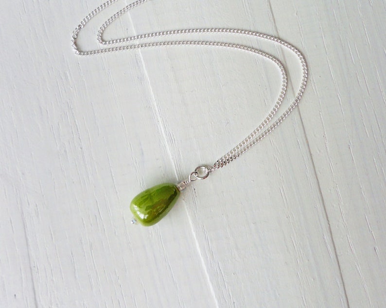 Delicate Silver Chain Necklace Green Drop Pendant Minimalist Silver Necklace Apple Green Glass Bead Sterling Silver Necklace for Women image 3