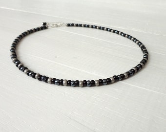 Mens Beaded Necklace Black Grey Glass Beads Rocker Style Choker Necklace Unisex for Men for Women